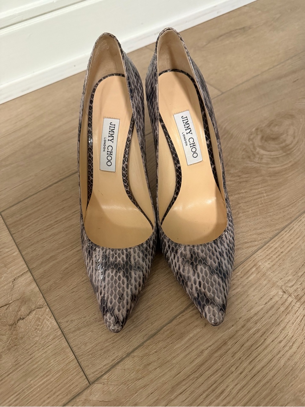 Jimmy Choo Gray Snake-Print Pointed Toe Stiletto Pumps